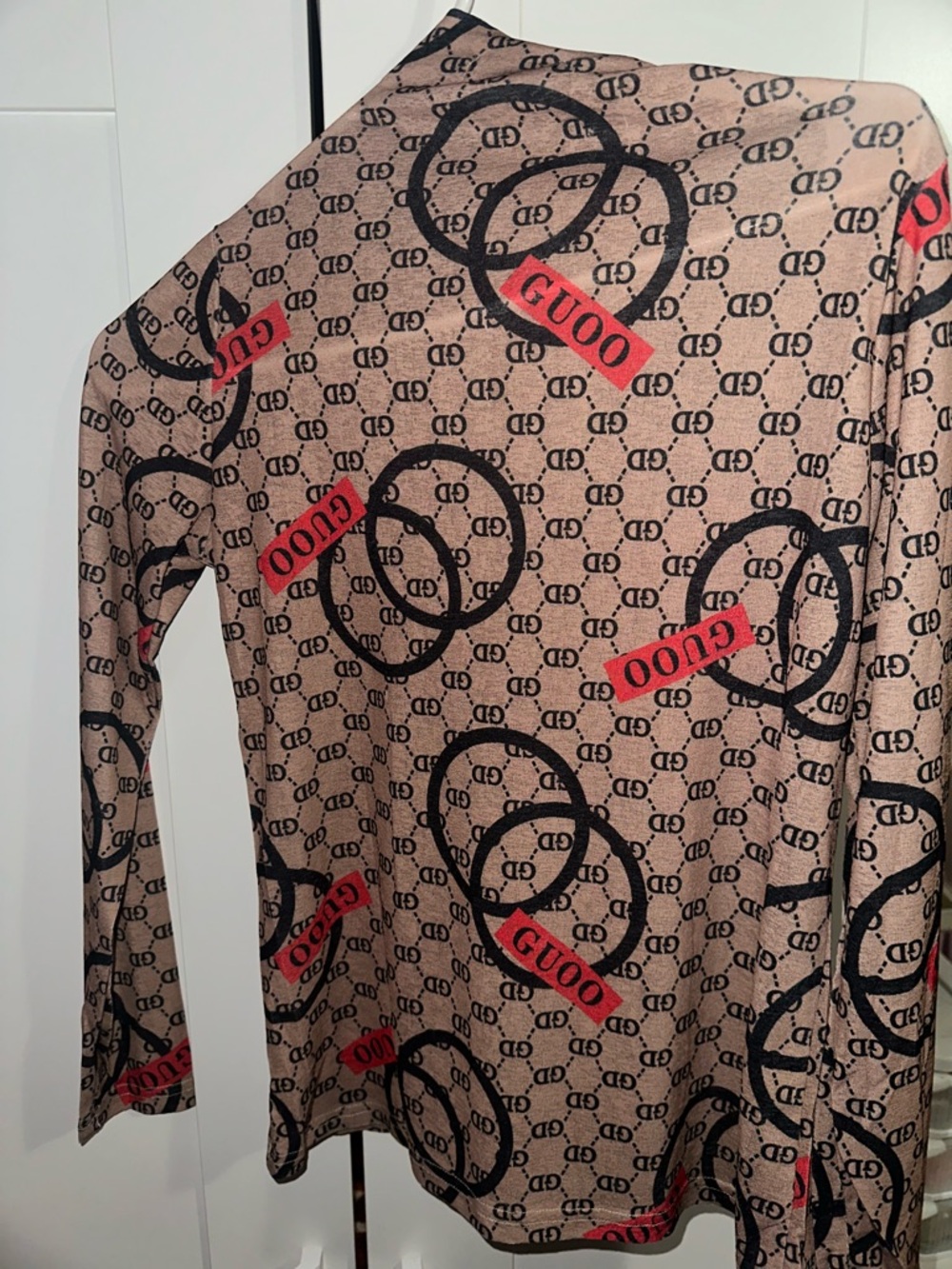 Beige Logo Print Long Sleeve Top with Red Accents